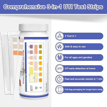 3-in-1 UTI Test Strips, Full Panel Urinary Tract Infection Test Kit at Home for Women Men Kids, Detection with Accurate Leukocytes, Nitrite, and PH Readings, Simple at-Home Urine Test Strips, 50ct