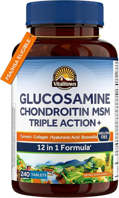 Vitalitown Glucosamine Chondroitin MSM | Collagen, Boswellia, Turmeric, Hyaluronic Acid, Bromelain | Triple Action+ Formula | 12 Ingredients | 240 Tablets, No Shellfish