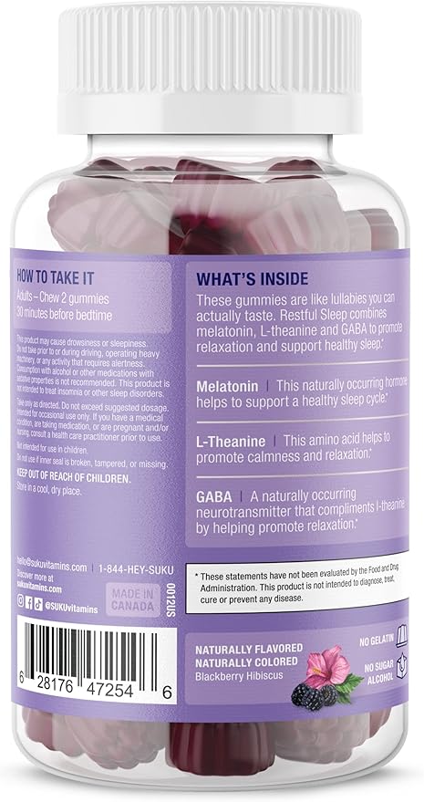 SUKU Restful Sleep Gummies – 3 mg Melatonin, L-Theanine & GABA – Vegan, Sugar-Free Chewable for Relaxation & Natural Sleep Support – BlackBerry-Hibiscus Flavor – Non-GMO, Gluten-Free – 50 Count