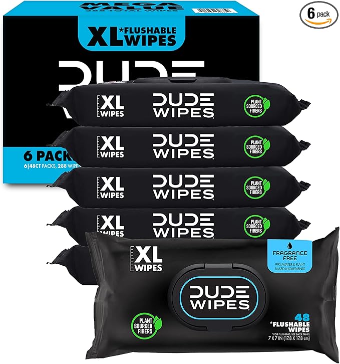 DUDE Wipes Unscented Flushable Wipes - Extra-Large Adult Wet Wipes for Sensitive Skin - 6 Pack (288 Count) - Infused with Vitamin E and Aloe - Septic and Sewer Safe