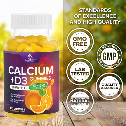 Calcium Supplement Gummies - Sugar Free Calcium Gummy with Vitamin D3 for Best Absorption - Supports Immune Health, Bones & Teeth - Nature's Calcium Chews for Women & Men, Orange Flavor - 120 Gummies
