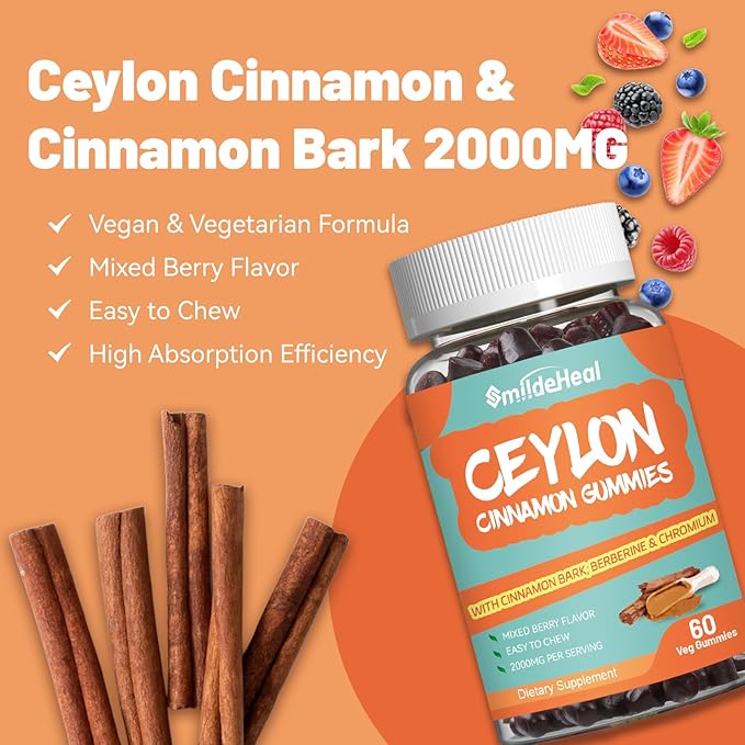 2 Pack Sugar Free Ceylon Cinnamon Gummies 2000MG, Cinnamon Supplement with Chromium and Cinnamon Bark, Vegan, Non-GMO, Gluten Free,120 Gummies