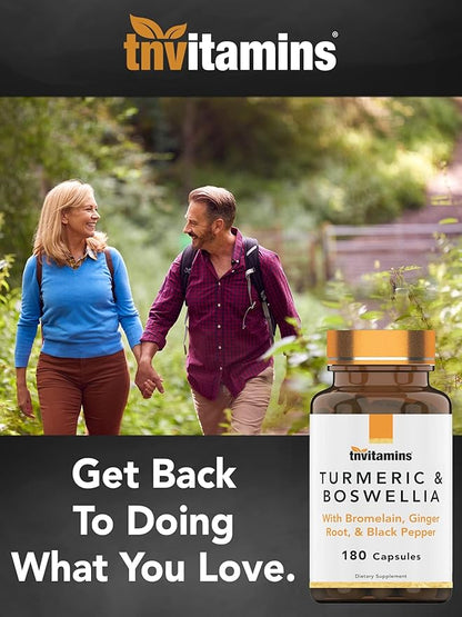 tnvitamins Turmeric & Boswellia Complex (180 Capsules) with Ginger Root, Bromelain, & Black Pepper Extract | Joint-Ease Formula: Powerful Joint Support Supplement* | Produced in The USA
