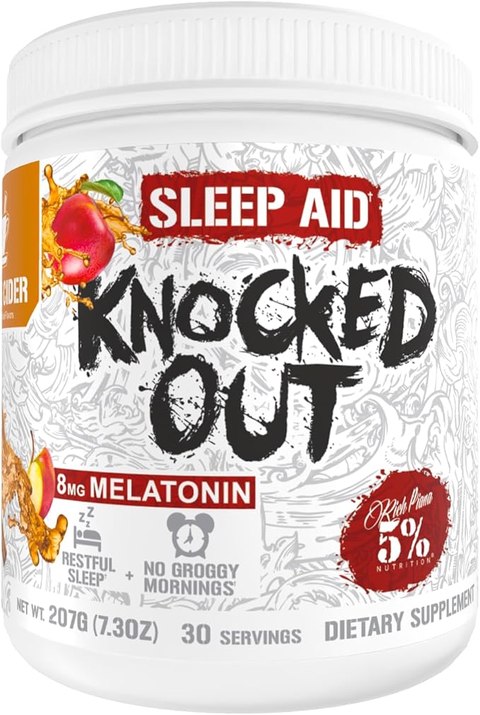 5% Nutrition Rich Piana Knocked Out Natural Sleep Aid | Post-Workout Recovery & Deep Sleep Supplement | GABA, Melatonin, Chamomile, Tyrosine, 5-HTP, & More | 7.3 oz, 30 Servings (Apple Cider)
