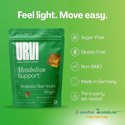 URVI® Metabolism Support Gummies 4-in-1 – Chromium Picolinate, Choline, Inulin & Ginger Extract - Prebiotic Fiber & Minerals – Gut Health & Digestive Support – Sugar-Free – Ginger-Lemon Flavor, 60pcs