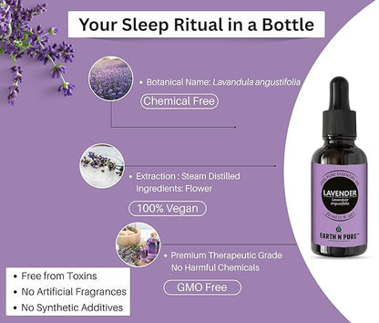 Earth N Pure Lavender Essential Oil Steam Distilled, Natural and Therapeutic Grade for Skin, Hair, DIY and Aromatherapy | with Glass Dropper -100 ml