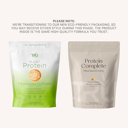 TRU Plant Based Protein Powder, BCAA, EAA, 20g Vegan Brown Rice & Pea Protein, 100 Calories, 27 Vitamins, No Artificial Flavors 25 Servings (Peanut Butter Banana Cupcake)