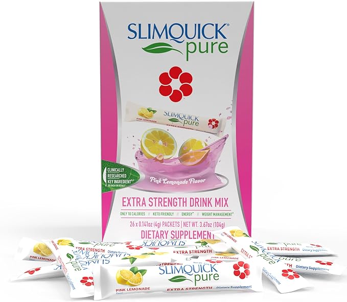 SlimQuick Pure 3X Extra Strength Drink Mix Packets, Metabolism & Weight Management for Women, Helps in Fat Breakdown, with Green Tea, Caffeine, Chaste Tree, Rhodiola Extract - Pink Lemonade, 26 Count