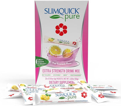 SlimQuick Pure 3X Extra Strength Drink Mix Packets, Metabolism & Weight Management for Women, Helps in Fat Breakdown, with Green Tea, Caffeine, Chaste Tree, Rhodiola Extract - Pink Lemonade, 26 Count
