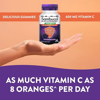 Sambucol Black Elderberry Zero Sugar Triple Immunity Gummies - Daily Vitamin C & Vitamin D, Sugar Free Black Elderberry Gummies for Adults and Kids, Chewable Berry Supplement - 60 Count