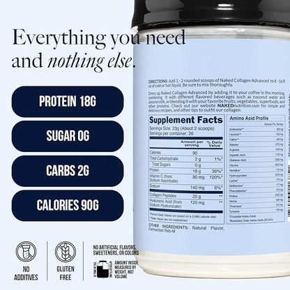 NAKED Vanilla Collagen Advanced - Peptides Protein Powder, Hyaluronic Acid, Vitamin C, Pasture-Raised, Grass-Fed Hydrolyzed Collagen Supplement, Paleo Friendly, Non-GMO, Keto, Gluten Free, 1.3LB