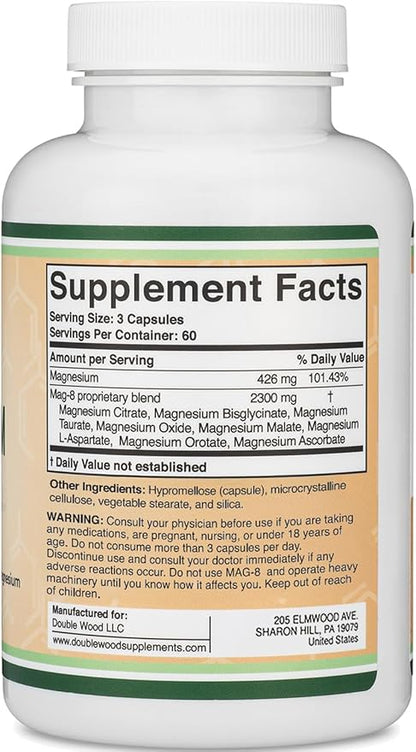 Magnesium Complex Supplement 180 Capsules (426mg Elemental Magnesium Provided by 2,300mg of Eight Different Forms of Magnesium) MAG-8 Provides 100% Daily Recommended Value of Magnesium by Double Wood