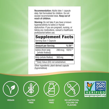 Nature's Way Kelp - Kelp Supplement for Thyroid Function Support* - Botanical Ingredients - Plant-Derived Capsule - Plant-sourced Iodine - Vegan, Gluten-Free & Dairy-Free - 180 Count (180 Servings)