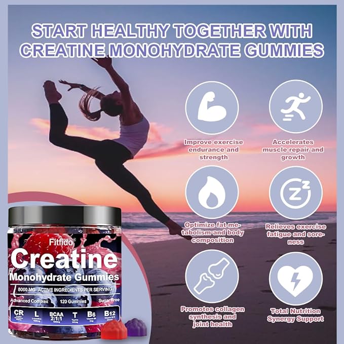Creatine Monohydrate Gummies Complex 8000mg for Men and Women, Containing L-carnitine & Taurine, Build Muscle, Boost Energy, Faster Recovery, Sugar Free & Vegan, Raspberry & Blackberry, 120 Count