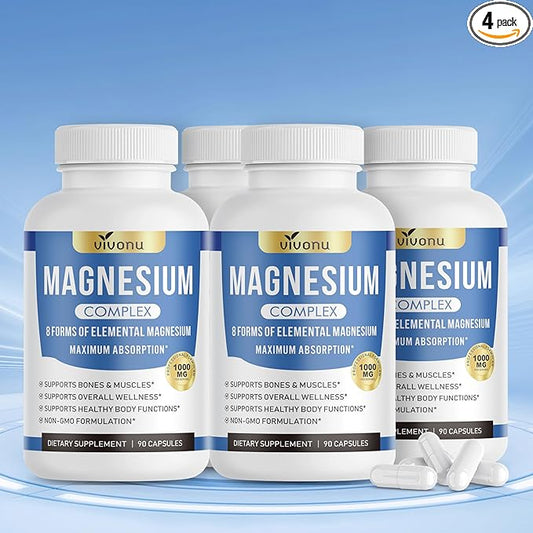 1000mg Magnesium Complex Capsules, 8 Elemental with Magnesium Glycinate, Citrate, Malate, Taurate, Oxide, Carbonate, Aspartate, Orotate for Bones, Muscle, Recovery, Energy, Vegan Non-GMO, 4 Bottle