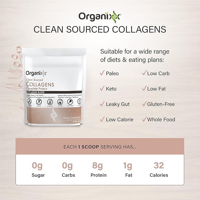 Organixx Clean Sourced Collagen Peptides Powder with Vitamin C, Types I, II, III, V, X Hydrolyzed Collagen, Hair, Nail, Skin, Bone & Joint Health, Aging Support, Gluten Free, Unflavored, 15 Servings