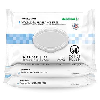 McKesson Washcloth Wipes, Unscented - Disposable Wet Wipes for Adults - Fragrance-Free, Paraben-Free - No-Rinse Formula, 48 Count, 3 Packs, 144 Total