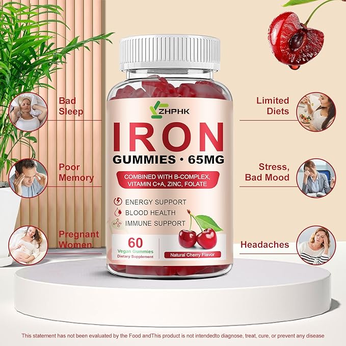 ZHPHK Iron Gummies Supplement for Women, Men & Kids, Iron 65mg with 250mg Vitamin C B6 B12 Folate Healthy Blood, Energy & Immune Support Gentle on Stomach Ferrous Fumarate, 120 Count