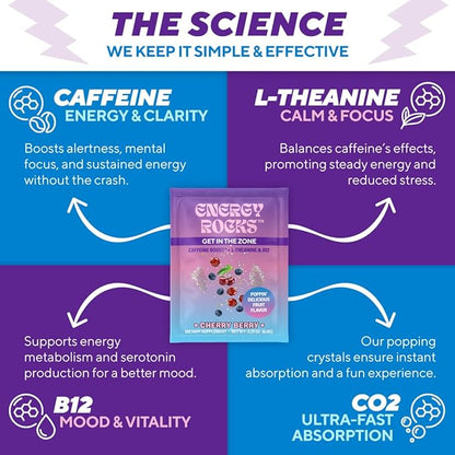 Caffeine Candy - Popping Energy Candy Crystals, 100mg Caffeine, L-Theanine & B12, Fast Energy, No Drink Needed - Coffee Alternative 15-Pack (Pineapple Mango & Cherry Berry)
