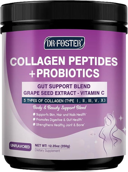DRFOSTER Collagen Peptides Powder with Probiotics - Hydrolyzed Collagen Type I II III V X with Antioxidant Blend - Multi Collagen for Women Support Skin Hair Nail Joints & Gut, 35 Servings, Non-GMO