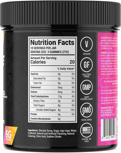 Bounce Pro Creatine Monohydrate Gummies for Men & Women, Low Calorie, 6G of Creatine per Serving, Vegan, Anti-Melting, Gluten-Free, Non-GMO, 2g of Creatine per Gummy (30ct, Peach Rings)