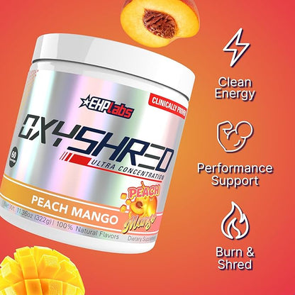 EHP Labs OxyShred Pre Workout Powder - Preworkout Powder with L Glutamine & Acetyl L Carnitine, Energy Boost Drink - Peach Mango, 60 Servings