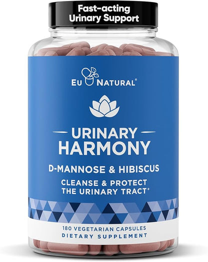 Eu Natural Urinary Harmony D-Mannose Supplement - Urinary Tract Health for Women - Fast-Acting Urinary Cleanse & Flush with Clinical-Strength D-Mannose & Hibiscus - 180 Capsules