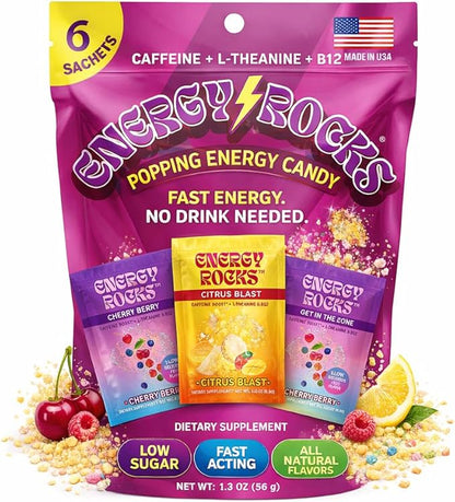 Caffeine Candy - Popping Energy Candy Crystals, 100mg Caffeine, L-Theanine & B12, Fast Energy, No Drink Needed - Coffee Alternative 15-Pack (Pineapple Mango & Cherry Berry)