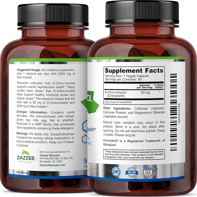 Zazzee 40:1 Ratio Myo and D-Chiro Inositol Supplement for Women | Myo Inositol Capsules Plus D-Chiro for Cycle Regulation Ovarian Support & Overall Hormone Balance for Women - Vegan & ISO Lab Tested