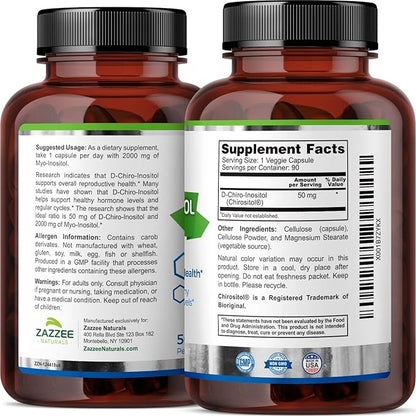 Zazzee 40:1 Ratio Myo and D-Chiro Inositol Supplement for Women | Myo Inositol Capsules Plus D-Chiro for Cycle Regulation Ovarian Support & Overall Hormone Balance for Women - Vegan & ISO Lab Tested
