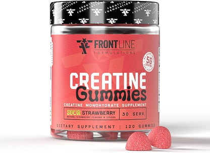 Creatine Monohydrate Gummies, 5g Creatine per Serving, Sugar-Free Creatine Supplement for Strength, Lean Muscle & Cognitive Support, Sour Strawberry, 120 Gummies