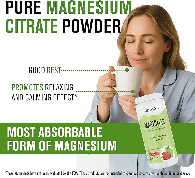 NaturalSlim Magicmag Pure Magnesium Citrate Powder – Stress, Constipation, Muscle, and Heart Support | Natural Strawberry & Lime Flavored Magnesium Supplement - 8oz Drink Mix (2 Pack)