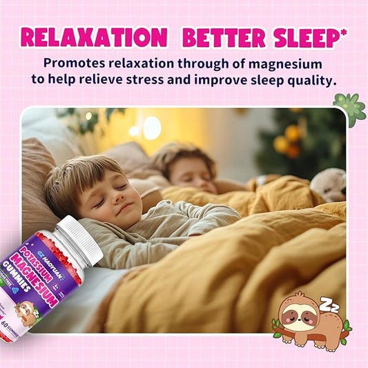 Magnesium Gummies for Kids - Magnesium Glycinate Gummies with Vitamin D3, B6, Potassium & Ashwagandha, Magnesium for Kids & Adults Relaxation, Sleep, Brain & Bone Health - Strawberry 60ct (2 Pack)