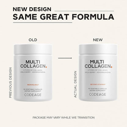 Codeage Multi Collagen Peptides Protein Capsules, 5 Collagen Types, Grass-Fed & Hydrolyzed Bovine Collagen Pills Supplement, Ashwagandha, Amla Berry Vitamins, Collagen Peptides - 90 Capsules