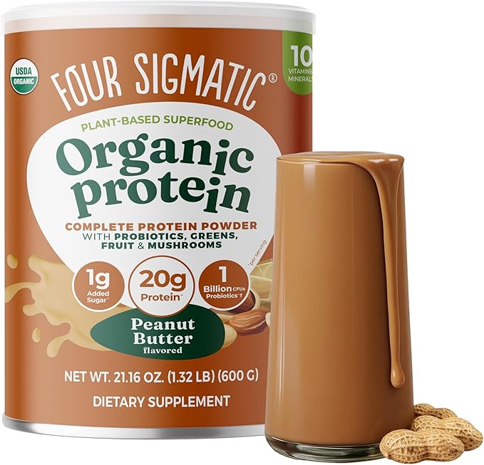 Four Sigmatic Organic Plant-Based Protein Powder | Clean Vegan Protein Elevated with Lion’s Mane, Chaga, Cordyceps and More for Brain Function and Immune Support | Peanut Butter, 21.16 oz