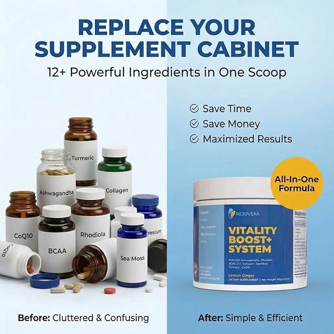 Vitality Boost+ System – Daily Energy & Stress Support Powder – 500mg KSM-66® Ashwagandha, BCAA 2:1:1, Magnesium, CoQ10 & Collagen – 30 Servings – Lemon Ginger – Made in USA