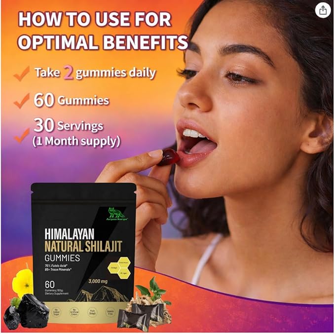 Himalayan Shilajit Gummies – 3000mg Shilajit with Gokshura, Ginger & Black Musli, Fulvic Acid & 85+ Trace Minerals, No Added Sugar, Natural Energy & Stamina Support – 60 Gummies