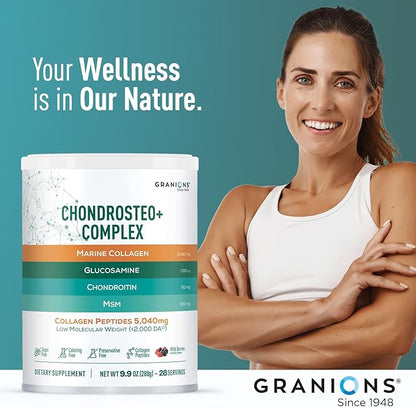 Granions Glucosamine Chondroitin MSM Powder 1,550mg – Joint Supplements for Men and Women - Chondrosteo, Hydrolyzed Marine Collagen Peptides, Essential Vitamins Glucosamine Complex – Wild Berry 9.9oz