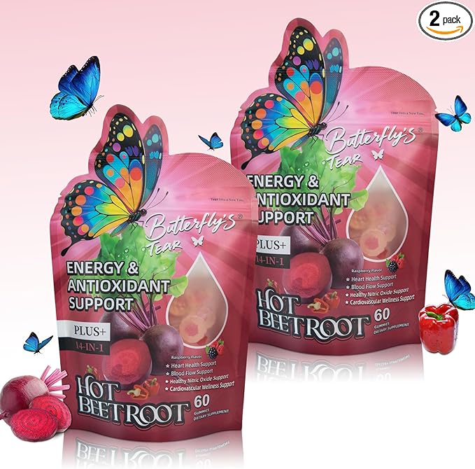 BUTTERFLY'S TEAR Organic Spicy Beet Root Gummies, Supports Heart & Blood Vessel Health, Promoting Nitric Oxide, Vitamin D3+K2+E, Extracts of Grape Seed, Hawthorn, Berberine and Other, Sugar Free