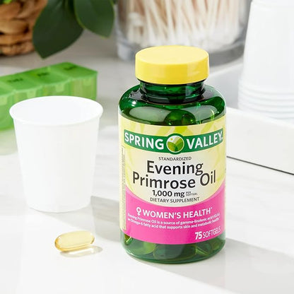 Spring Valley Evening Primrose Oil Women's Health Dietary Supplement Softgels, 1000 mg, 75 Count, Softgels, Evening Primrose Oil Capsules 1000mg Bundle with LualL's 45 Diabetes Decoded