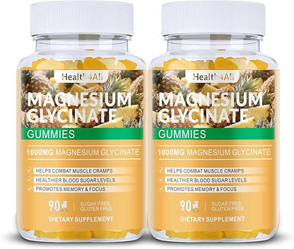 Magnesium Glycinate Gummies 1000mg, High Absorption Sugar Free Magnesium Potassium Supplement for Relaxation, Stress Relief, and Sleep Support for Adults & Kids - 180 Pineapple Gummies