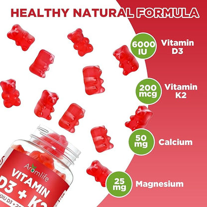 Aromlife Vitamin D3 K2 Gummies for Bone Teeth, 6000IU D3 + 200mcg K2 Per Serving High Absorption Vitamin Gummies with Calcium & Magnesium for Women Men, 60 Count Raspberry Flavor Vegan Gluten-Free