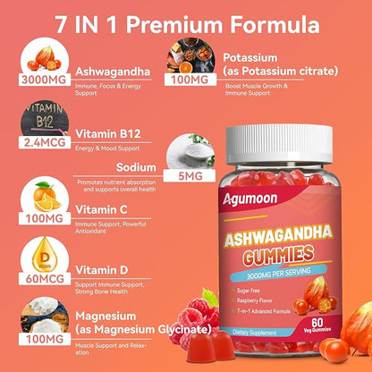 2 Pack Ashwagandha Gummies 3000mg for Stress Relief, Calm & Relaxation Support with Magnesium & Vitamin D, Vegan, Gluten-Free, Natural Raspberry Flavor, 120 Count