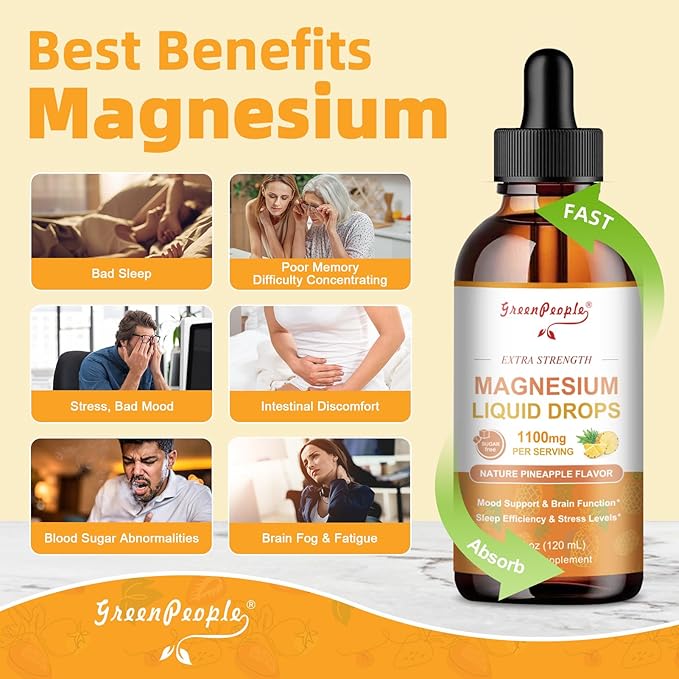 GREENPEOPLE Magnesium Glycinate Liquid Drop - 17-in-1 4Fl. Oz Triple Magnesium Complex Supplement with Glycinate 400mg & Citrate 500mg Taurate/L-Theanine for Calm Mood/Muscle/Sleep,Pineapple Flavor