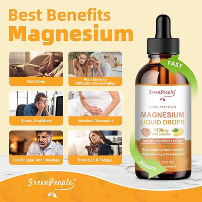 GREENPEOPLE 17-in-1 Triple Magnesium Complex Supplement,Magnesio Liquid Drops with Magnesium Glycinate & Citrate,Pineapple Flavor,Calm Mood,Muscle & Sleep for Adults,4 fl. oz 2Pack