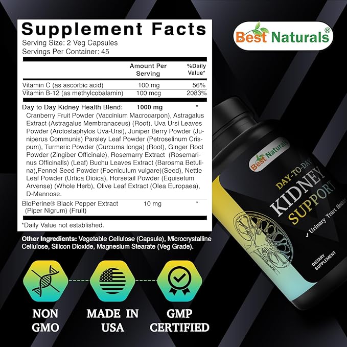 Best Naturals Day-to-Day Kidney Support with Cranberry Fruit, Vitamin C, B12, D-Mannose, Uva Ursi, Juniper Berry, Parsley Leaf 90 Veg Capsules