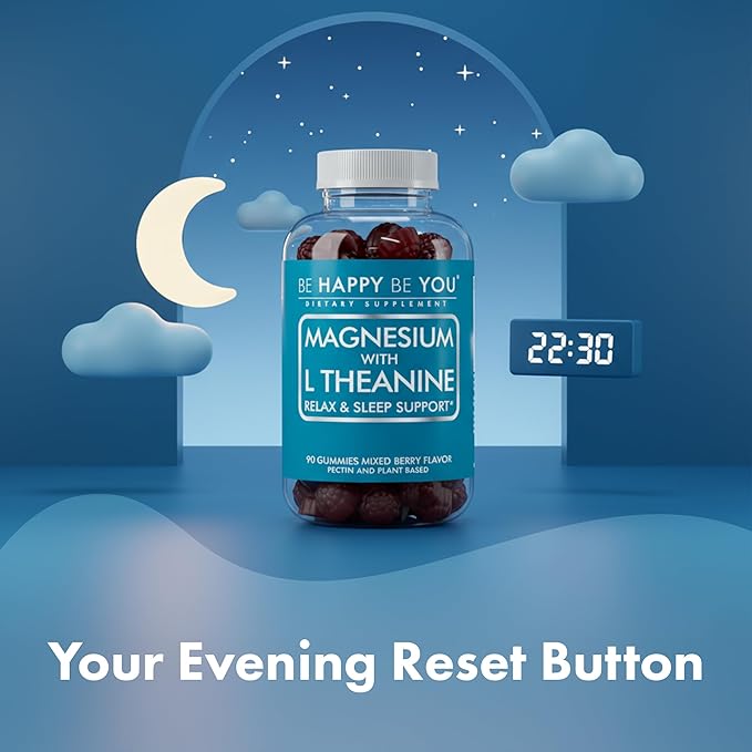 Magnesium Glycinate Gummies with L-Theanine – Relaxation & Sleep Support – Vegan, Gelatin-Free, Mixed Berry Flavor – Magnesium Supplement – 90 Ct