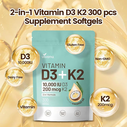 VivoNu Vitamin D3 K2 10000 IU with MK7-300 Virgin Coconut Oil Softgels, 2 in 1 Vitamins D & K Complex | Vitamina D3 con K2 ((1Bag)