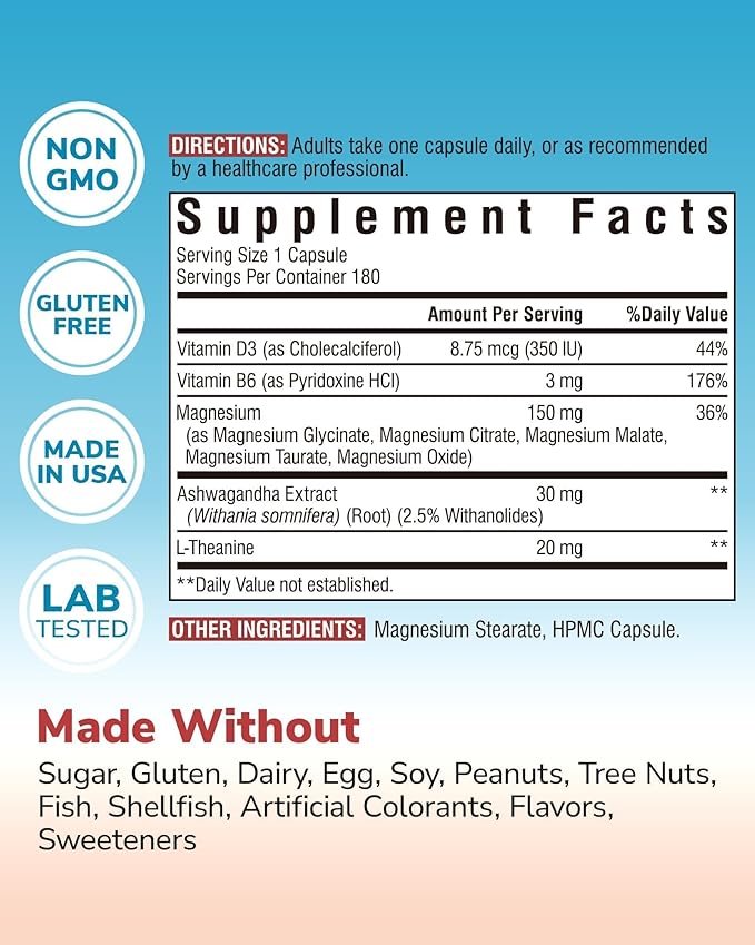Magnesium Complex with Ashwagandha & L-Theanine - Stress Relief, Bone & Relaxation Support - w/Vitamin D3, B6 - Glycinate, Citrate, Malate, Taurate - 180 Vegan Capsules, Non-GMO, Gluten free