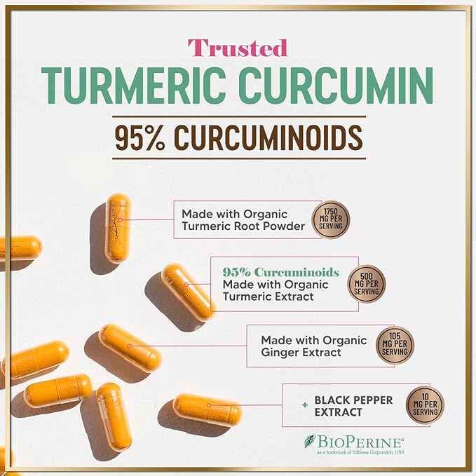 Turmeric Curcumin Supplement with 95% Curcuminoids, Organic Turmeric & Ginger 1750mg, BioPerine Black Pepper for Best Absorption, Nature's Vegan Joint Support, Non-GMO, Bottled in USA - 360 Capsules